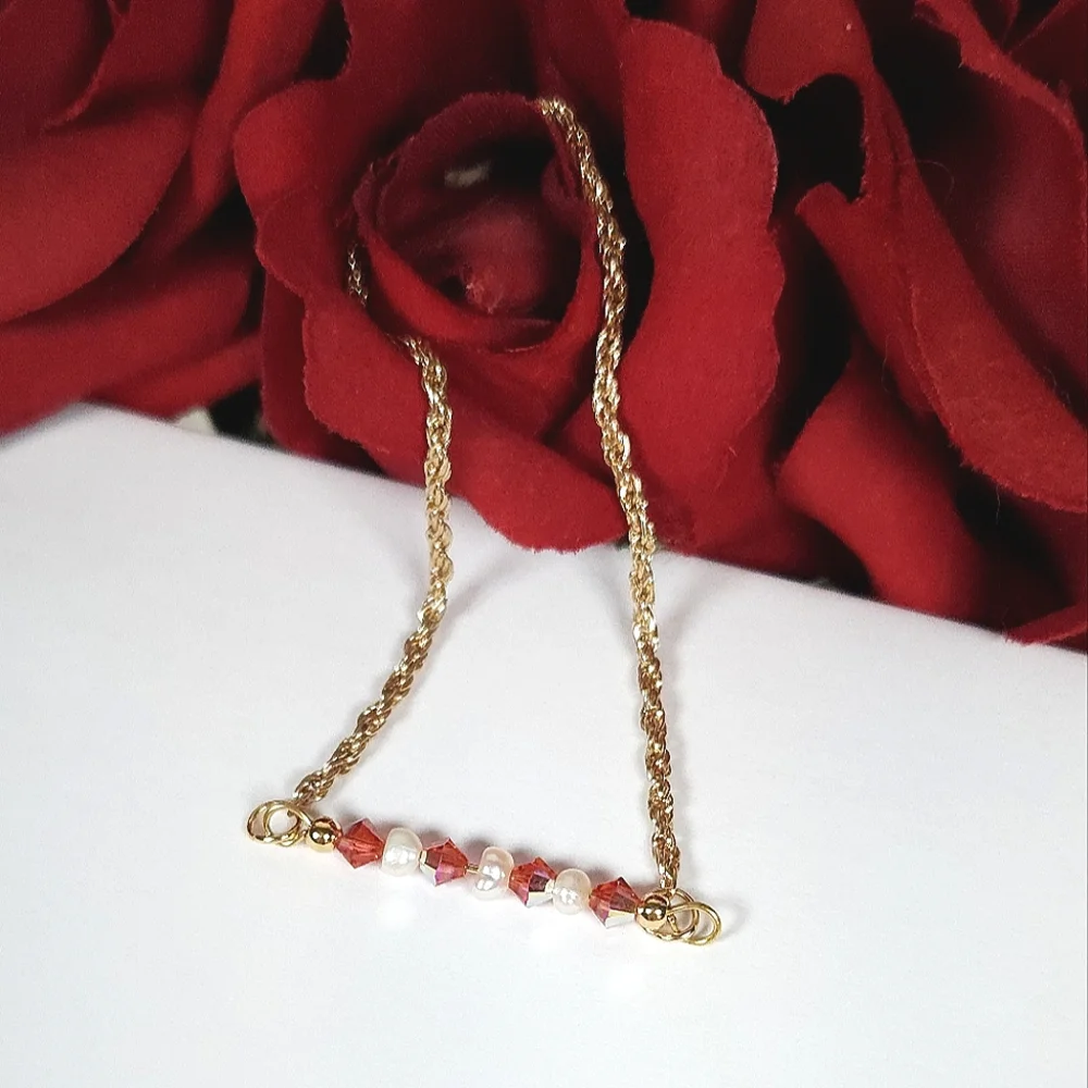 Handmade White Pearl & Pink Peach AB Crystal Bar Gold Bracelet Rope Twist Chain